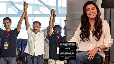Mahira Khan supports CJP protest, smiling in a casual white shirt at an indoor event.