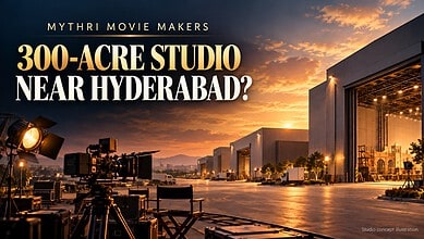 Large film studio under construction near Hyderabad with cameras and lighting equipment.