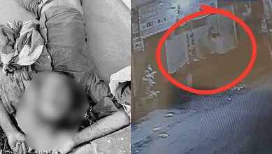 Crime scene photo of a murdered man with a blurred face and a flooded street with a red circle.