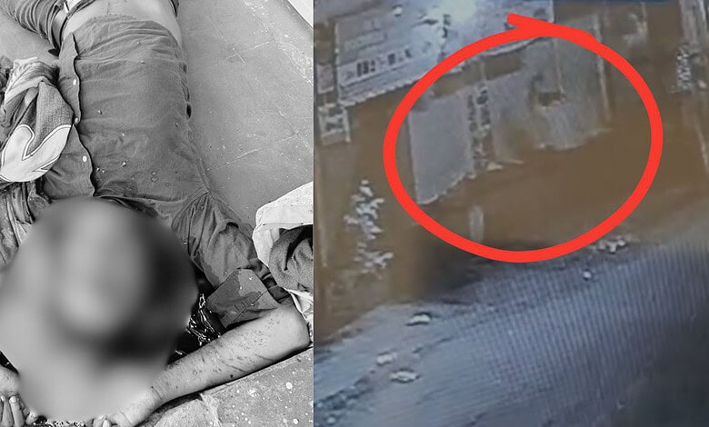 Crime scene photo of a murdered man with a blurred face and a flooded street with a red circle.