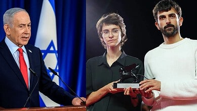 Netanyahu and young award recipient at a formal event, with Israeli flag in background.