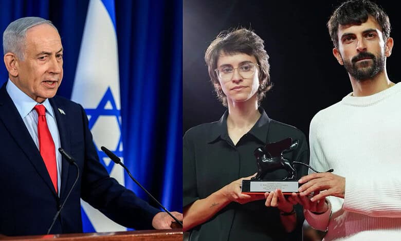 Netanyahu and young award recipient at a formal event, with Israeli flag in background.