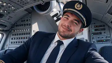 Omani co-pilot Hamam al-Hammami in cockpit, smiling, wearing uniform and cap.