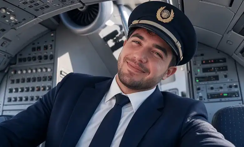 Omani co-pilot Hamam al-Hammami in cockpit, smiling, wearing uniform and cap.