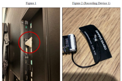 Alleged hidden recording device behind a television and the device recovered from OpenAI’s office.