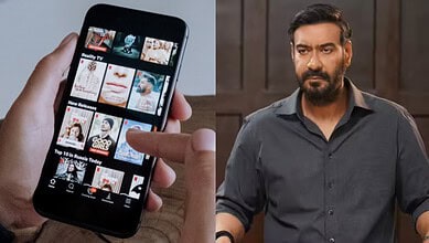 Man watching OTT content on smartphone with various shows displayed.