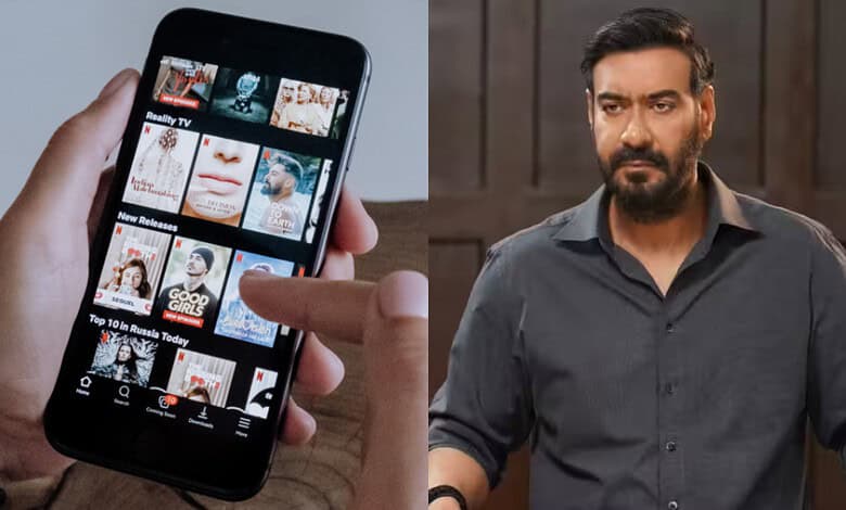 Man watching OTT content on smartphone with various shows displayed.