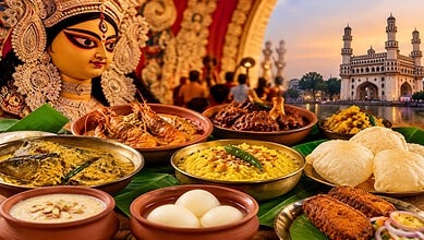 Traditional Indian feast with various dishes and a large idol of a goddess at a temple.