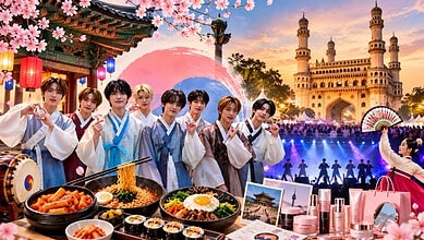 Korean cultural performers at Korea Culture Day 2026 festival in Hyderabad with traditional food and city.