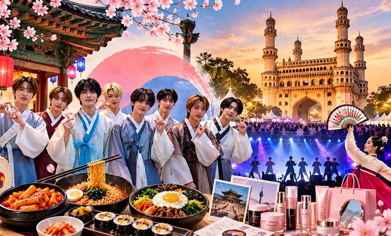 Korean cultural performers at Korea Culture Day 2026 festival in Hyderabad with traditional food and city.