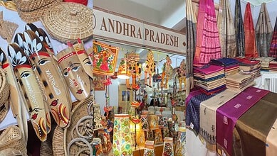 Traditional Andhra Pradesh handicrafts and textiles displayed at a local market.