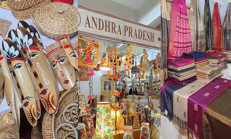Traditional Andhra Pradesh handicrafts and textiles displayed at a local market.