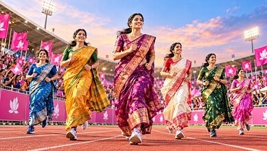 Women in colourful sarees running at Starlight Strides 2026 event in Hyderabad.