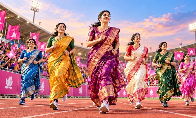 Women in colourful sarees running at Starlight Strides 2026 event in Hyderabad.