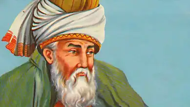 Rumi and Shams depicted in traditional Persian attire with a mountain background.