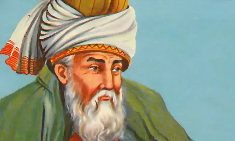 Rumi and Shams depicted in traditional Persian attire with a mountain background.