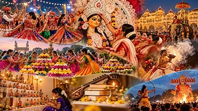 Colorful Indian festival with dancers, decorated temples, and traditional celebrations.