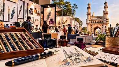 People viewing art and calligraphy displays at an outdoor exhibition near Charminar in Hyderabad.