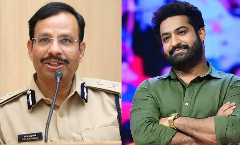 Hyderabad CP Sajjanar and Jr NTR in a split-screen image, one in uniform and the other smiling.