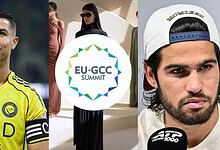 Attendees at the EU-GCC Summit, including a woman in sunglasses and a man in a cap, with the summit logo.