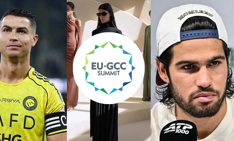 Attendees at the EU-GCC Summit, including a woman in sunglasses and a man in a cap, with the summit logo.