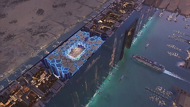 Aerial view of NEOM stadium with futuristic design and surrounding water in Saudi Arabia.