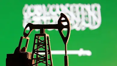 Illustration of an oil pump jack against a green background with blurred text.