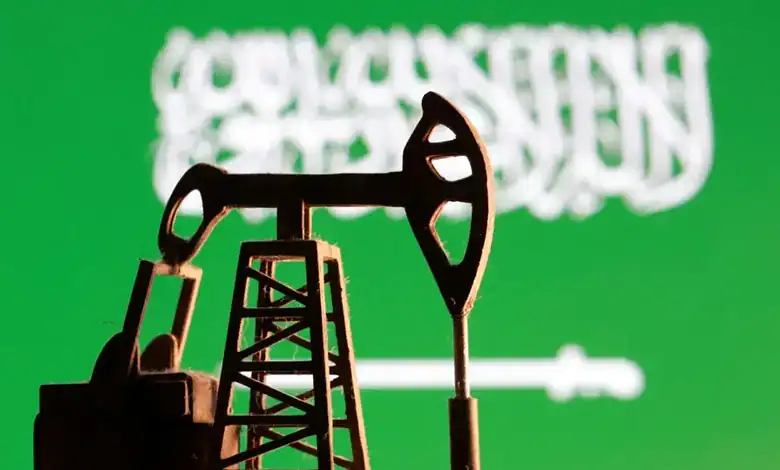 Illustration of an oil pump jack against a green background with blurred text.