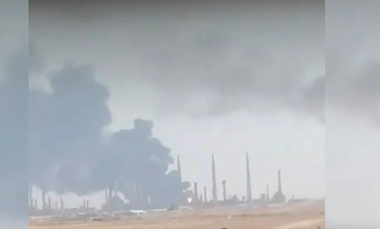 Thick smoke rising from an industrial area near Aramco facility in Riyadh, Saudi Arabia.