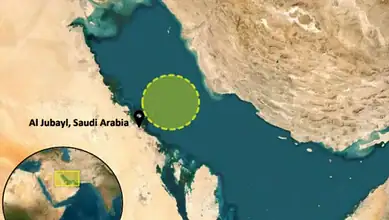 Map showing location of tanker incident off Al Jubayl, Saudi Arabia.