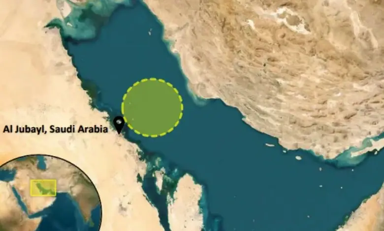 Map showing the reported tanker incident northeast of Al Jubayl, Saudi Arabia.