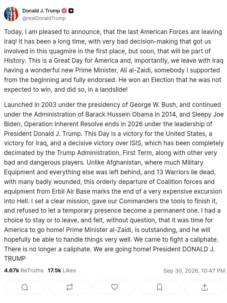Trump announces US troops leaving Iraq.